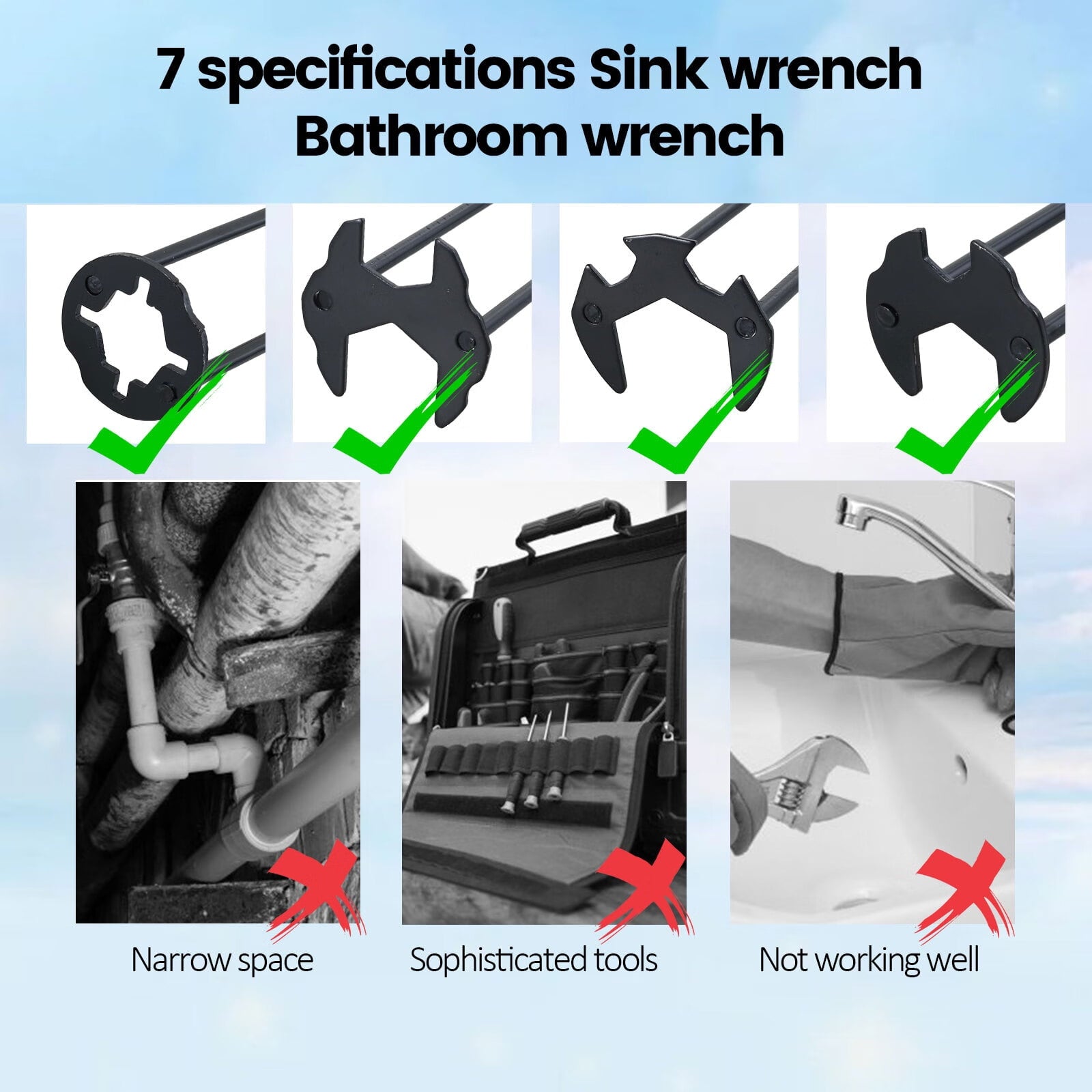 OKYMOTOR 4pcs Basin Wrench Set Labor-Saving Multifunctional Sink Wrench Universal Tool 1.32 lb 11.70 inch for Tight S... - Image 5