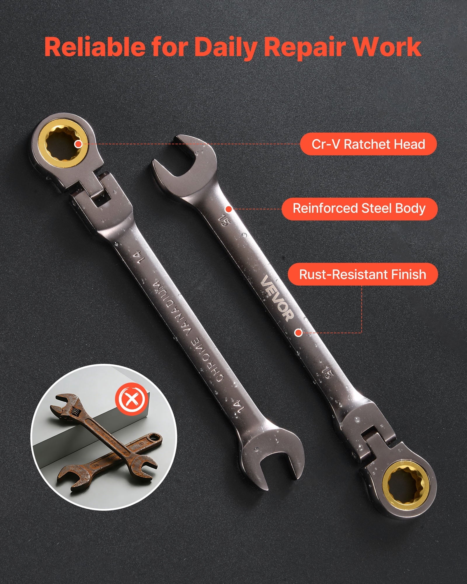 Flex-Head Ratcheting Wrench Set, 12-Piece Metric 8 mm to 19 mm, 72 Teeth, Cr-V Steel Ratchet Flexible Combination Wre... - Image 5