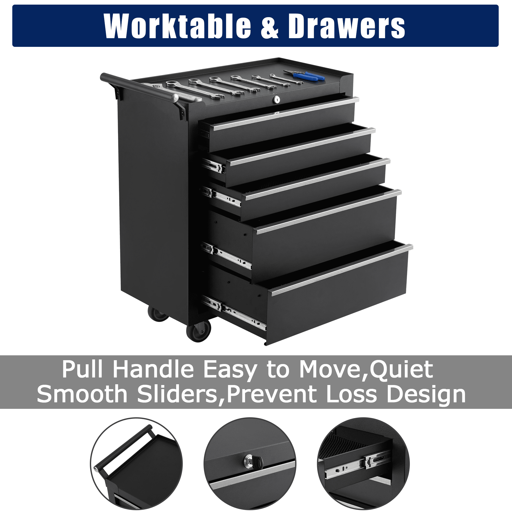 5-Drawer Rolling Tool Chest with Wheels & Lock System, Portable Tool Box Storage for Workshop, Garage, Warehouse, Black - Image 4