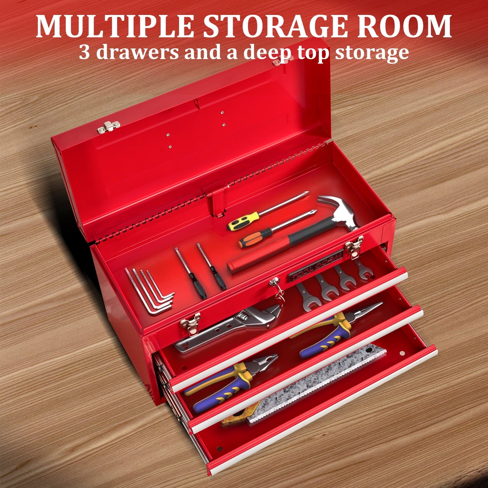 20.3“ Metal Tool Box with Drawer Portable Steel Metal Tool Box with Protective Liner and Metal Latch Closure and Lock... - Image 4