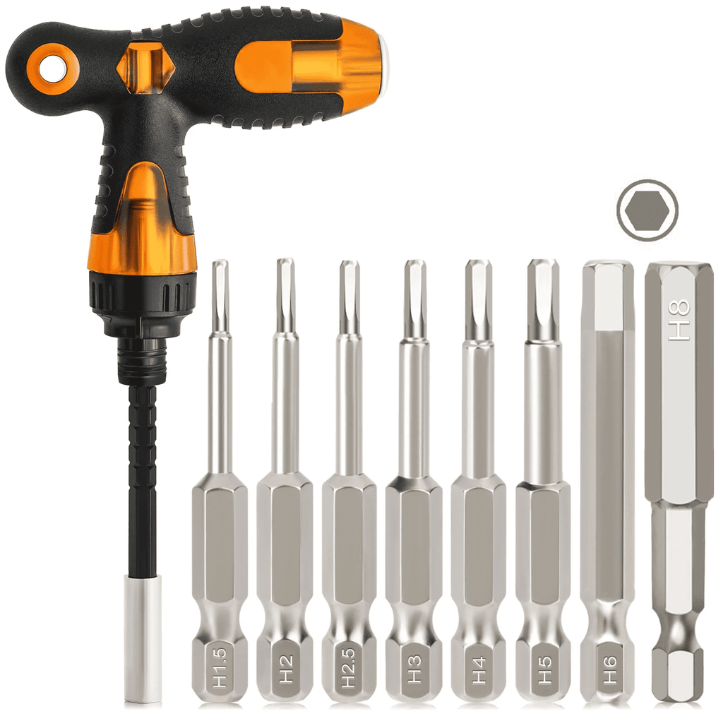 9Pcs Allen Key Bit & Ratchet Screwdriver Set, Impact Hex Head Allen Wrench Drill Bits, 1/4” Magnetic Hex Shank hex bi...