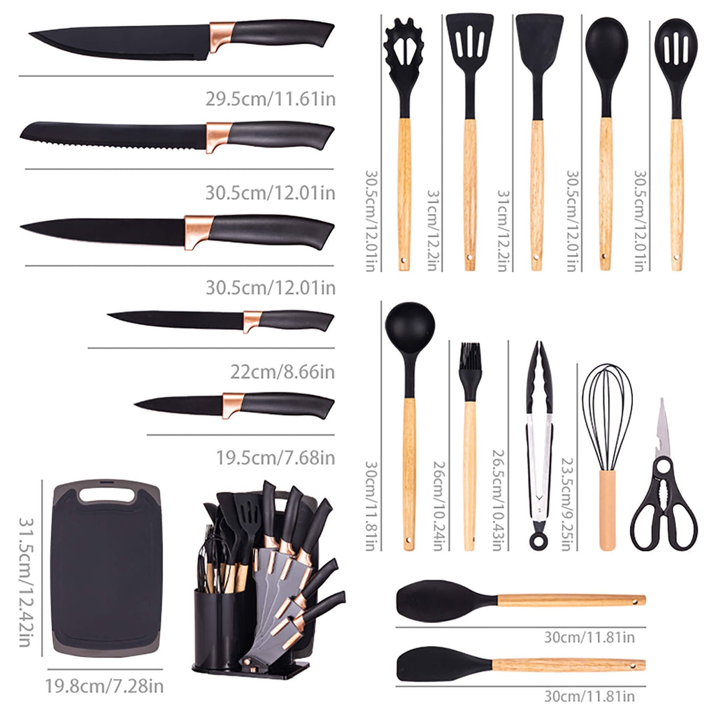 19-Piece Silicone Kitchen Utensil &amp; Knife Set - Heat-Resistant Cooking Tools Non-Stick Safe Gift for Mom or Women Black
