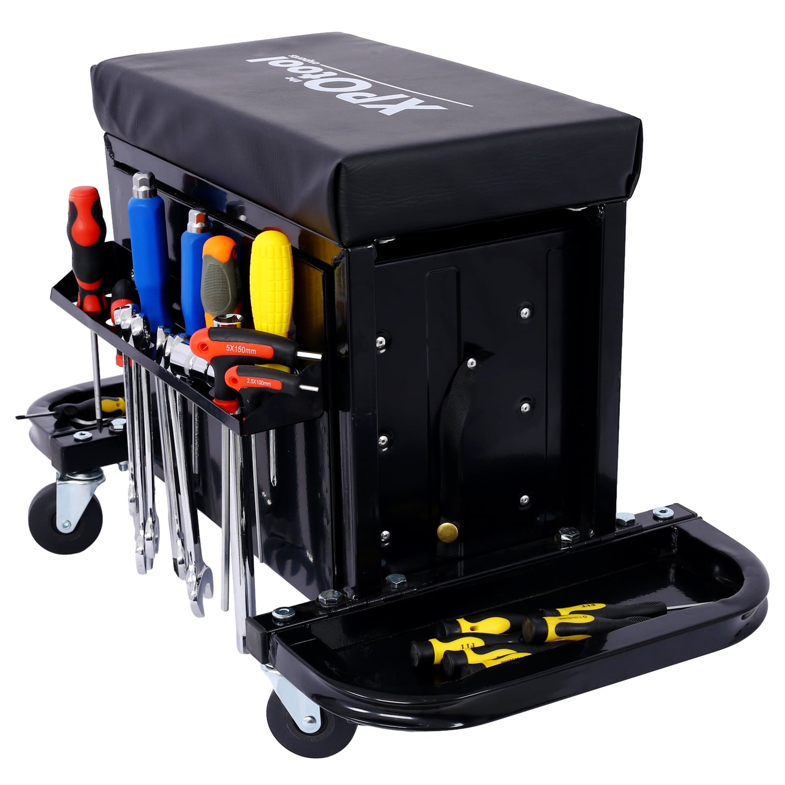 Aukfa Tool Chest Seat, Steel Rolling Tool Box with Wheels and Foldable Magnetic Storage Trays, 3-Drawers, 350LBS Capacity, Black - Image 2