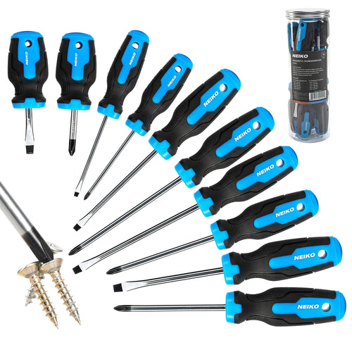 01378A Magnetic Screwdriver Set, 10 Piece, Phillips & Flathead, Heat Treated Chrome Vanadium Steel, Slotted Head Tip ... - Image 2