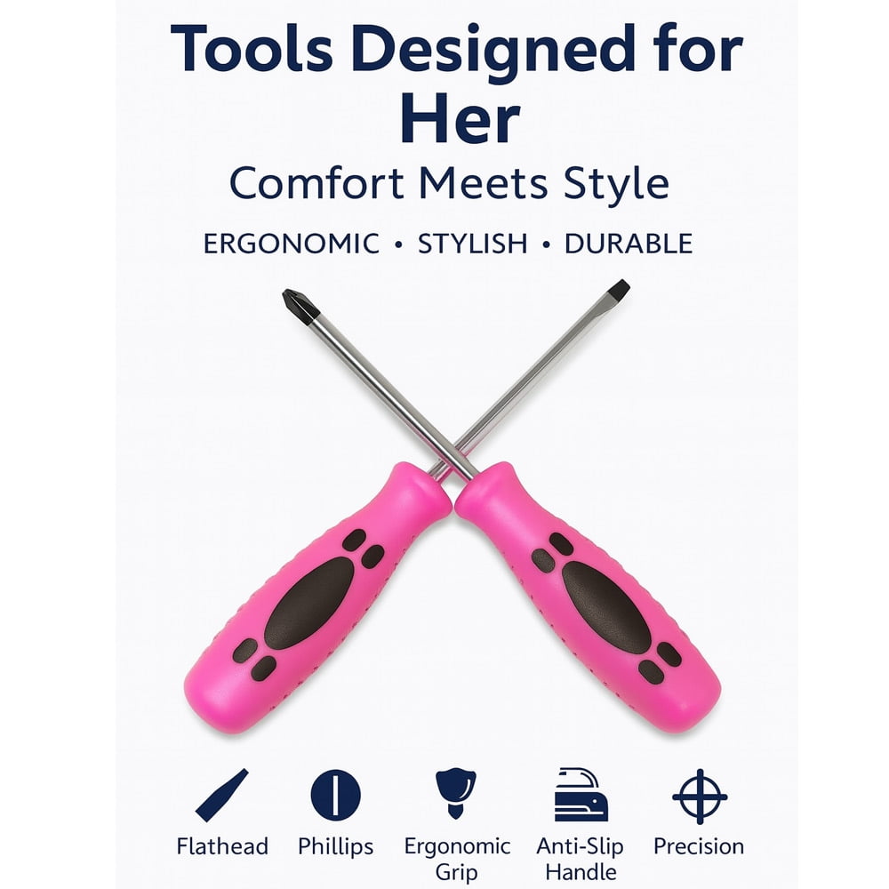2 PC Ladies Pink Screwdriver Set Phillips Slotted Flat Head Womens Home Tools - Image 3