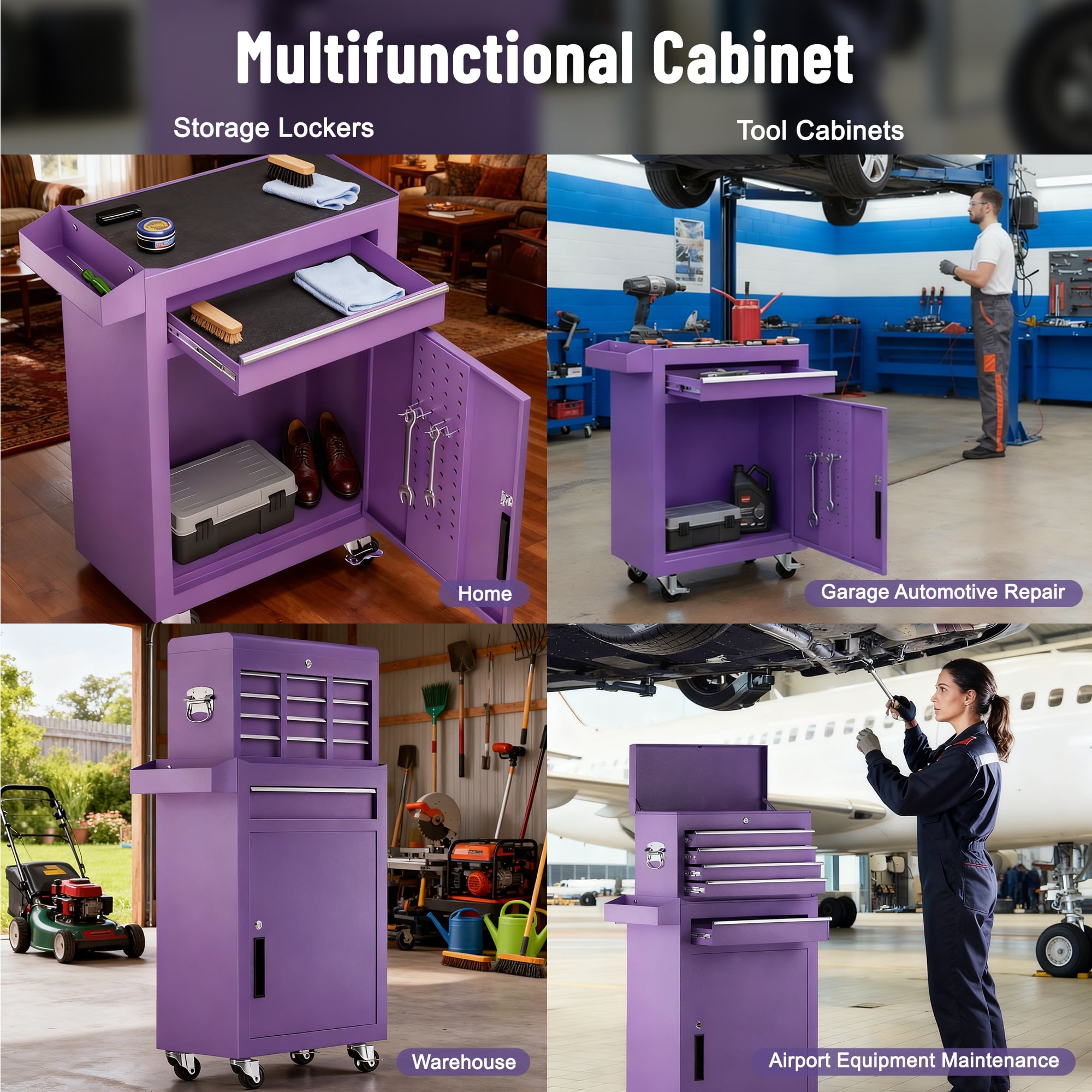 5-Drawer Tool Box, Enyopro Rolling Tool Chest, Stainless Steel Tool Box with Brake Wheels and 4 Drawers, Detachable Tool Cart, Purple - Image 3