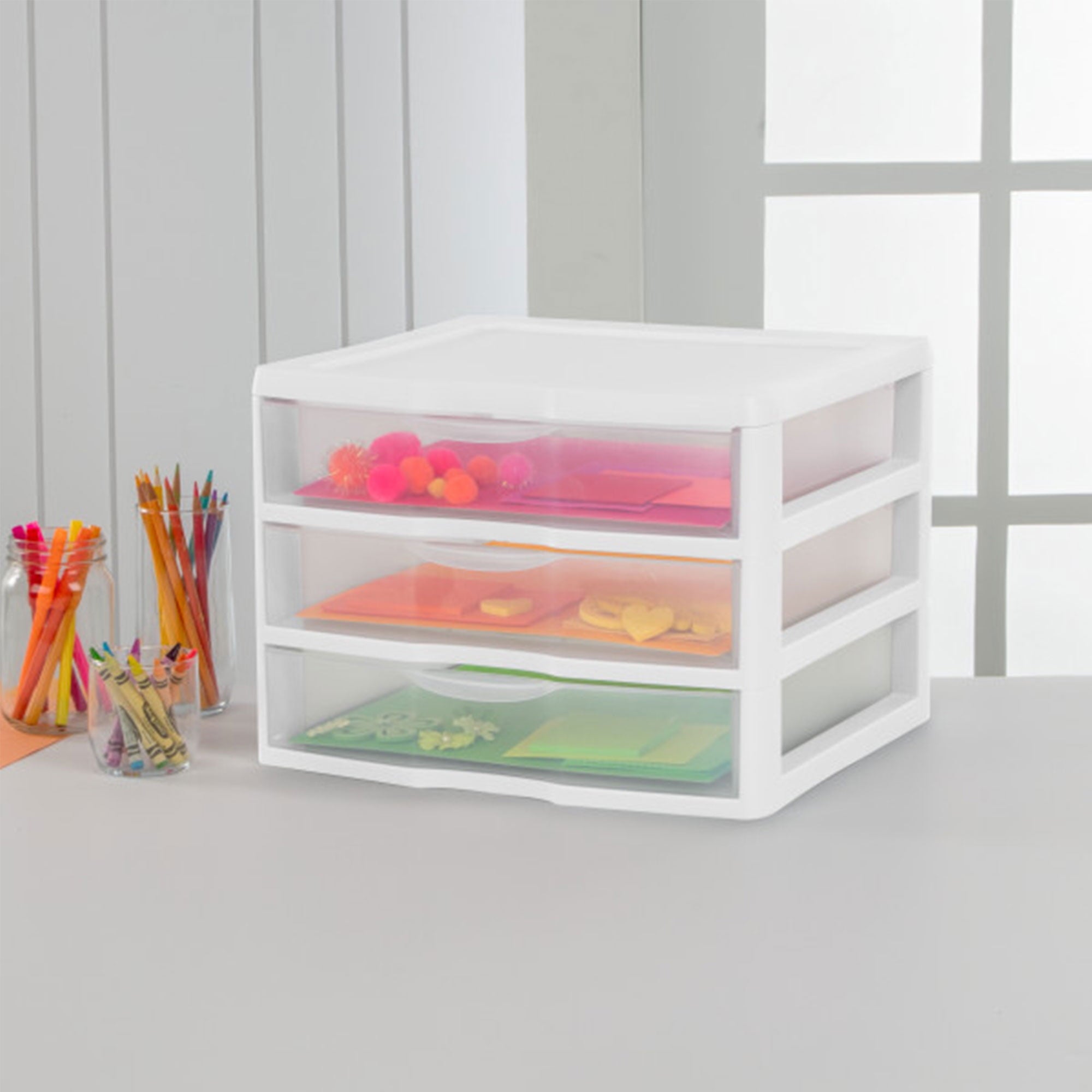 Wide 3 Drawer Unit, Clear Plastic Countertop or Desktop Drawers, White