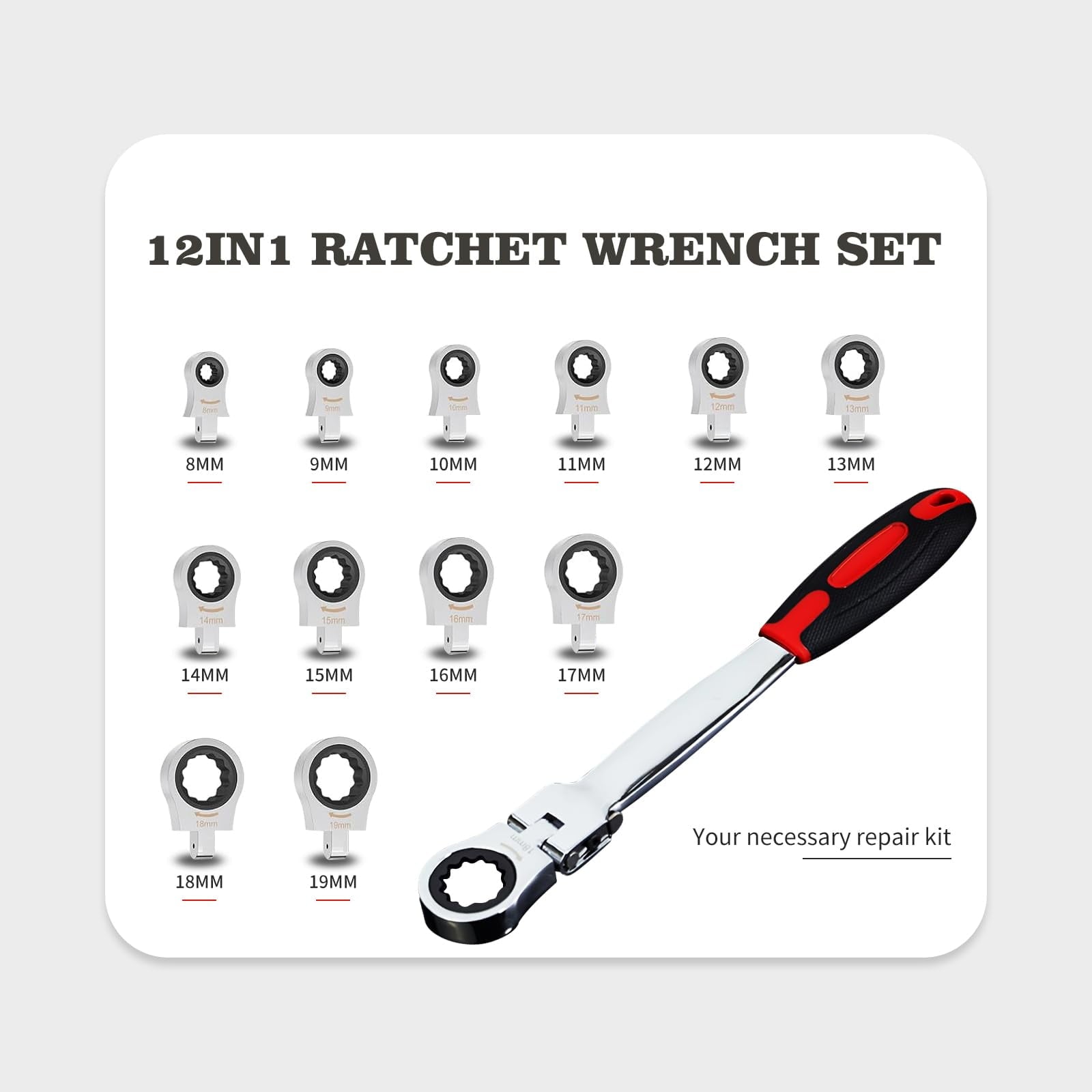 12 in 1 Exchangeable RatchetWrench Metric & SAE 8-19mm Flex Head Combination Wrench Sets for Auto, Mechanic Tools for Men Gifts - Image 3