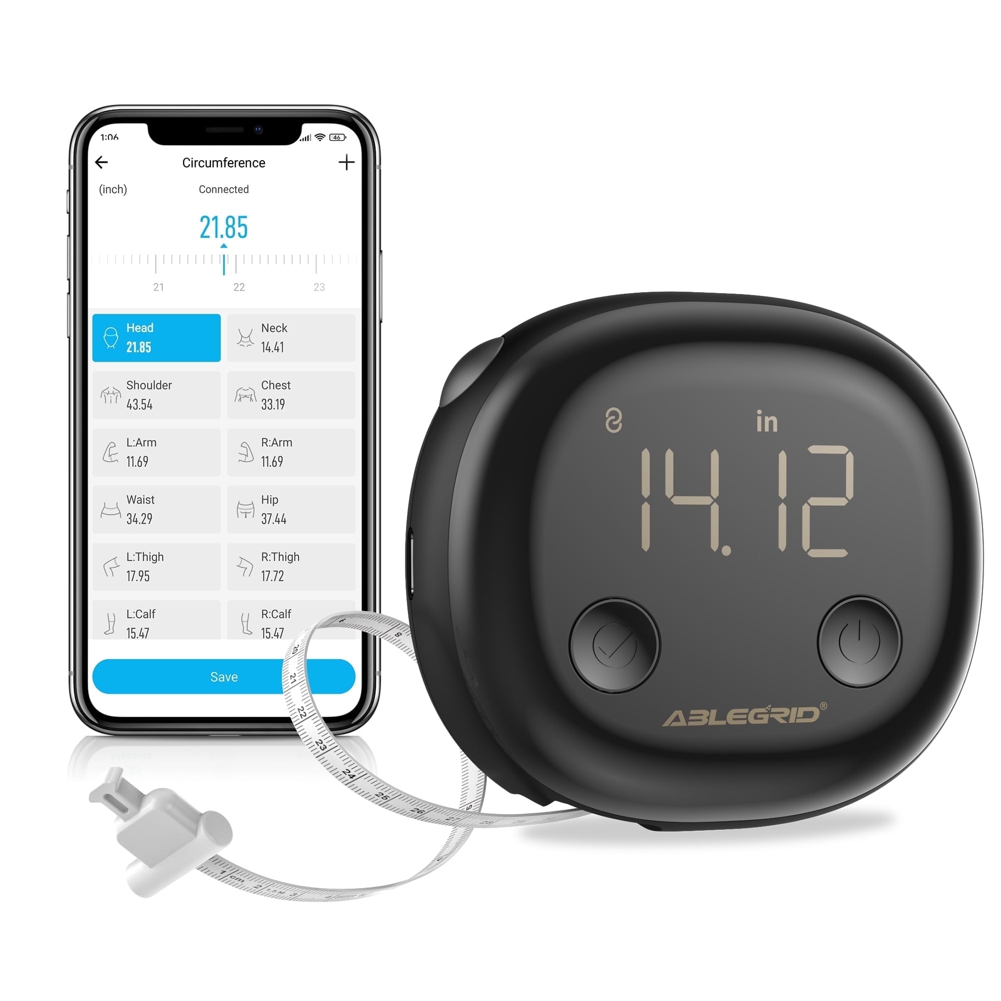 ABLEGRID Smart Body Tape Measure, Rechargeable Body Measuring Tape with APP, Accurate Retractable Digital Body Fat Measurement Device for Mu