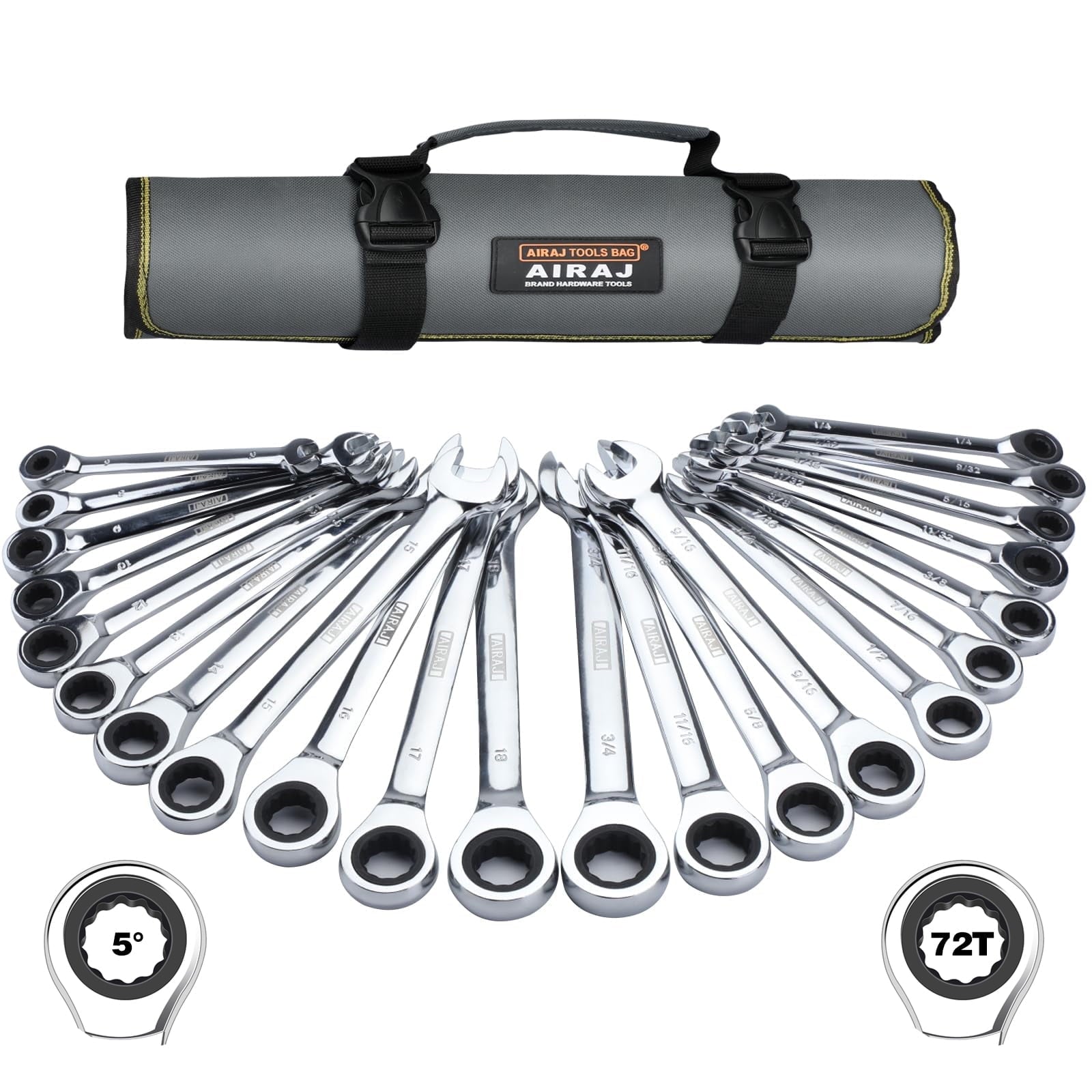 Ratcheting Wrench Set, 22-Piece Combination Wrench Set, SAE 1/4" to 3/4" & Metric 6-18mm, 72 Teeth