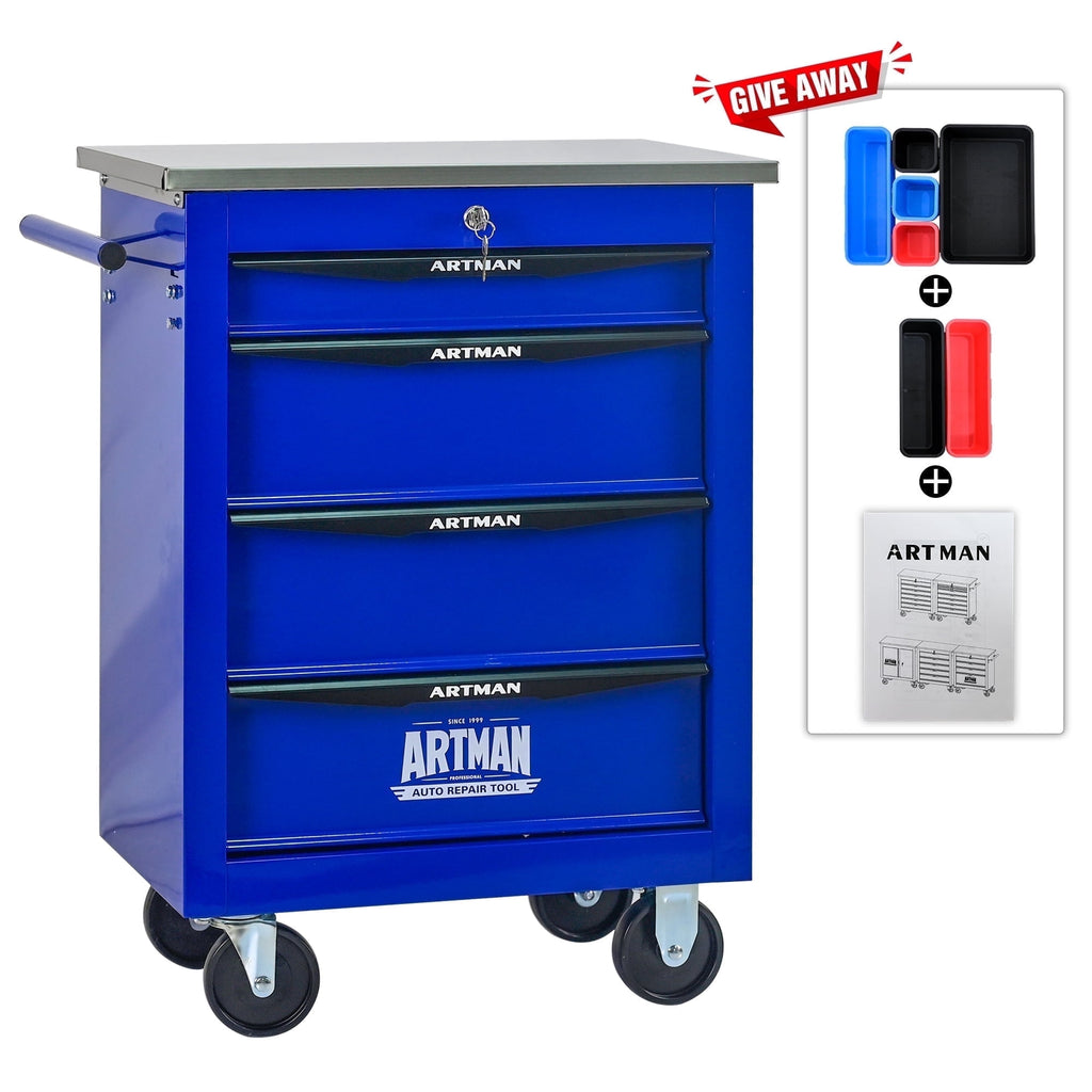 4 Steel Storage Rolling Tool Chest Cabinet Cart with Wheels and Stainless Steel Roof for Workshop Garage Warehouse