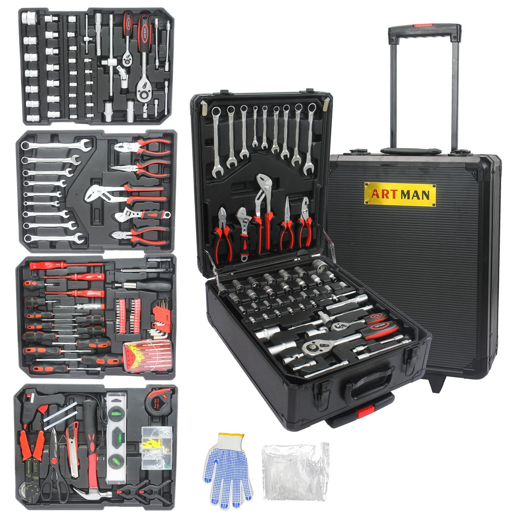 899 Pcs Tool Set, Household Tool Kit with Rolling Tool Box for Home Auto Repair, Black