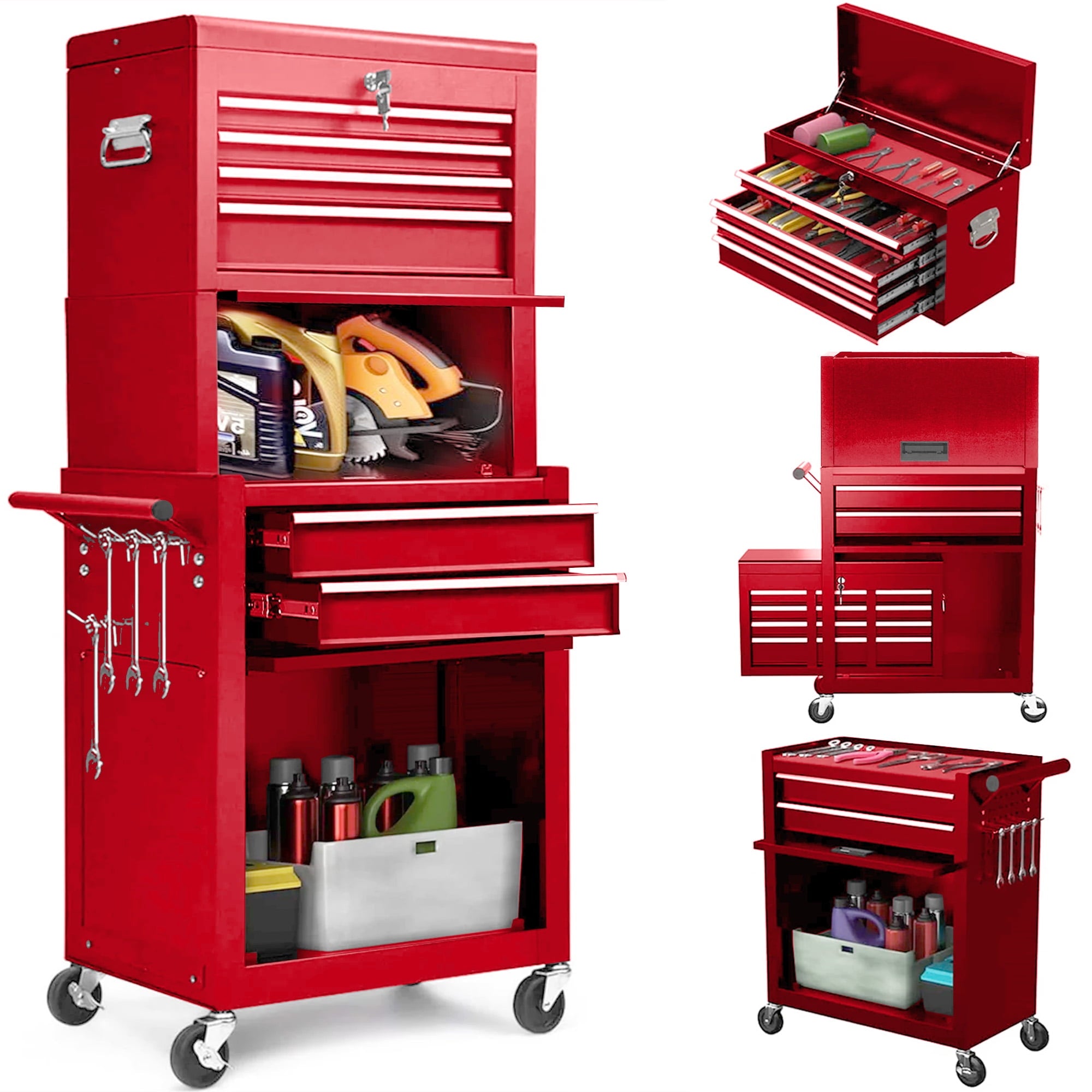 Tool Box, 3 in 1 Steel Rolling Tool Chest w/ 6-Drawers & 2 Cabinet for Garage Workshop, Red