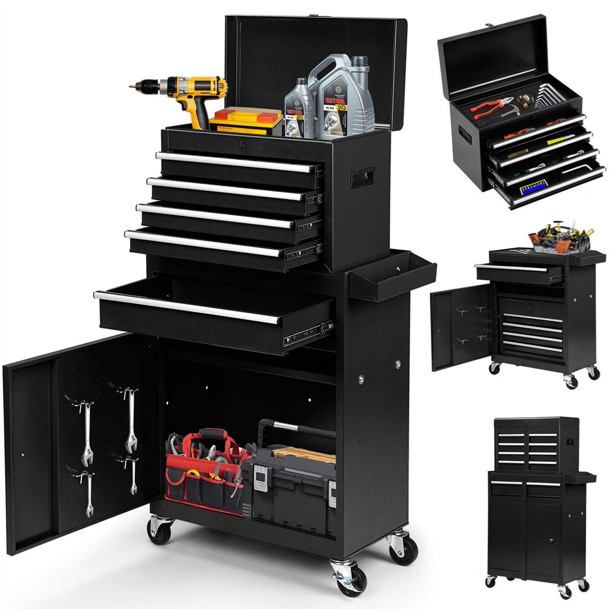 2 in 1 Steel Rolling Box & Cabinet On Wheels for Garage, 5-Drawer, Black