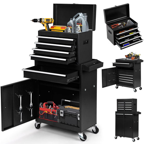 2 in 1 Steel Rolling Box & Cabinet On Wheels for Garage, 5-Drawer, Black