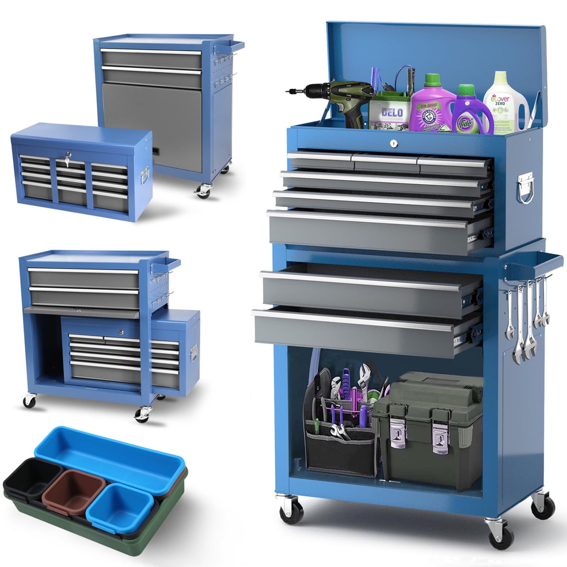 Tool Chest, 2 in 1 Steel Rolling Tool Box & Cabinet on Wheels for Garage, 8-Drawers, Blue&Gray