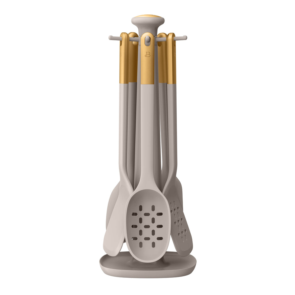 6-Piece Silicone Kitchen Utensil Tool Set with Rotating Rack by Drew Barrymore, Porcini Taupe