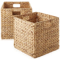 13" x 13" Water Hyacinth Storage Baskets, Natural - Set of 2 Collapsible Cube Organizers, Woven Bins for Bathroom, Bedroom, Laundry, Pantry, Shelves