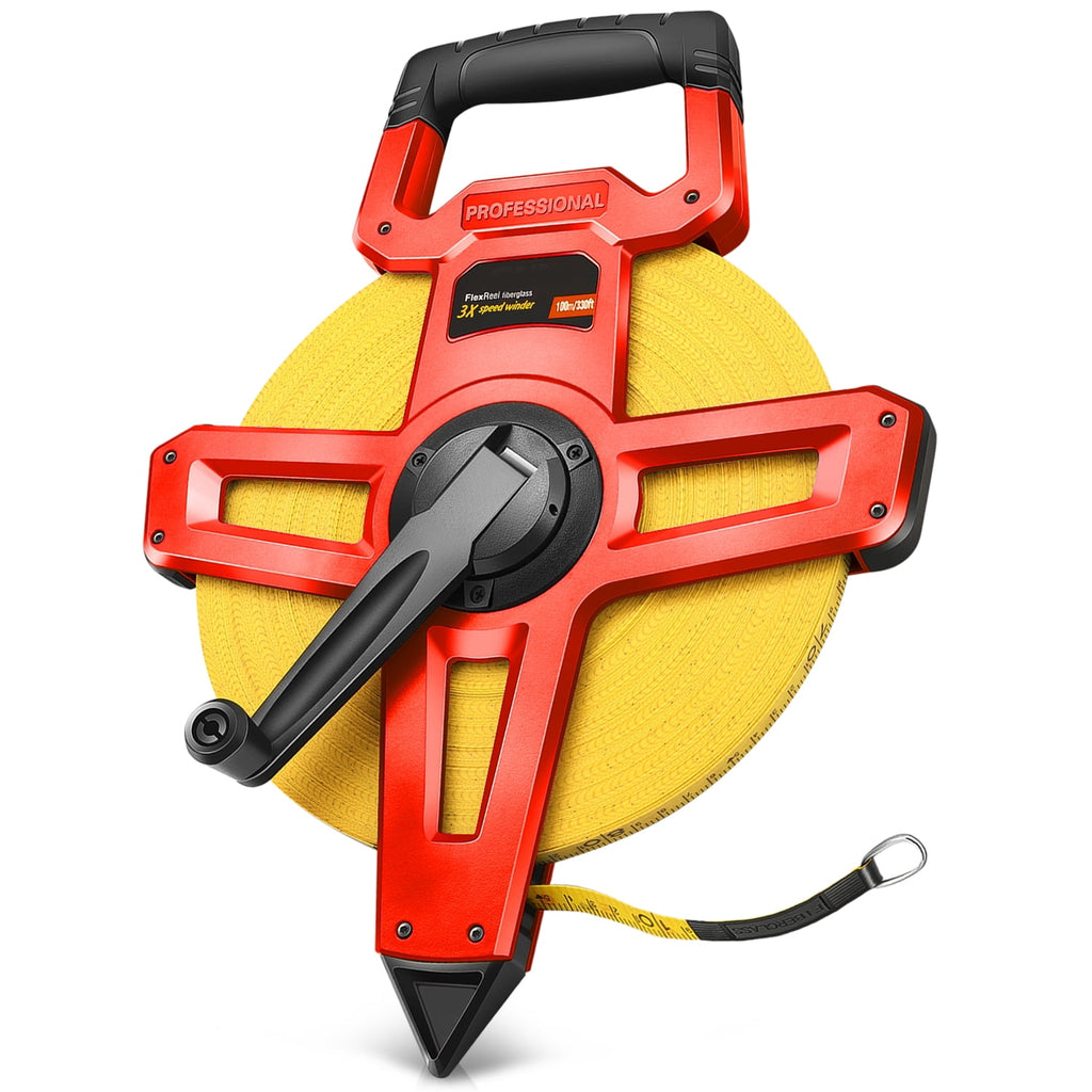 Contractor-Grade Open Reel Fiberglass Measuring Tape, Distance Measurement Tool Kit, [1] 1/2" / 330 Ft Reel, Orange/Y...