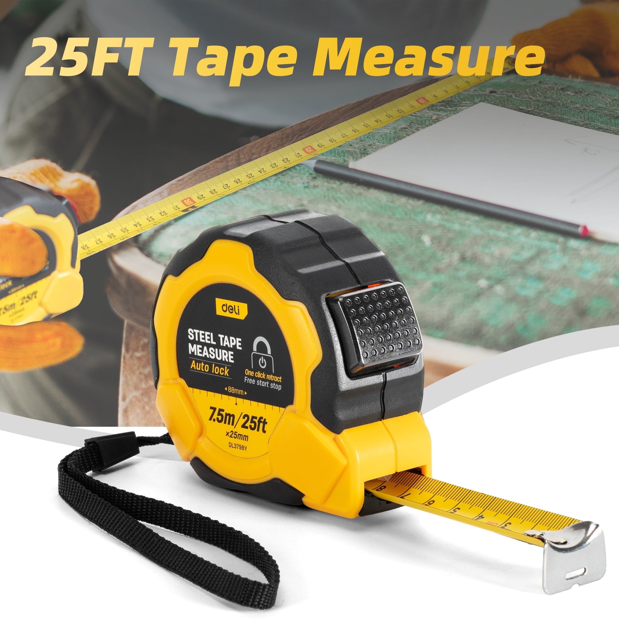 Auto-Lock Steel Tape Measure,Heavy-duty Rubberized Retractable Measuring Tape with Self-Locking, Easy Read Tape Measu...