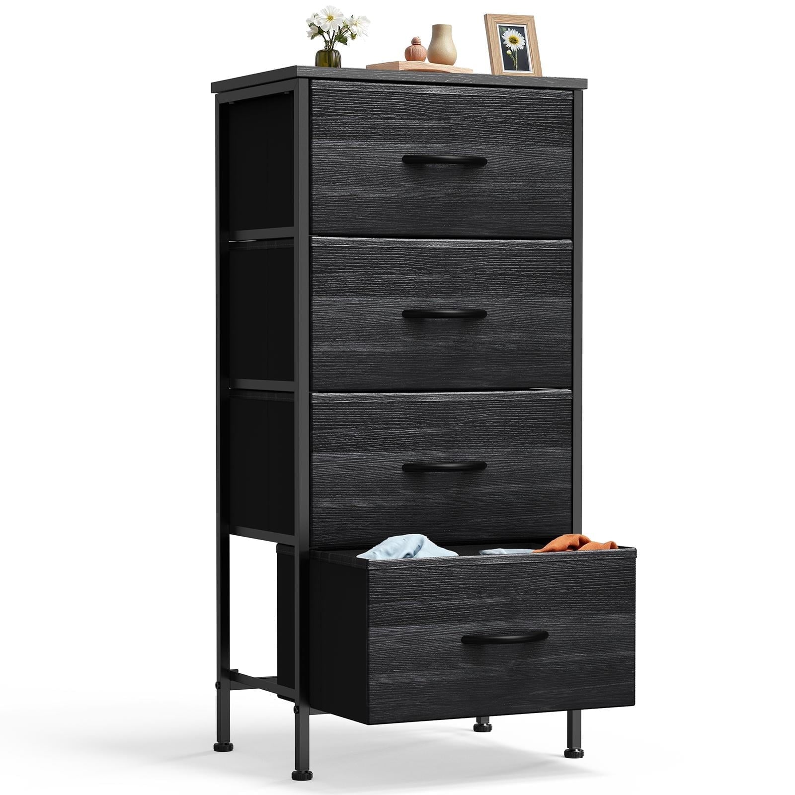 Dresser, Storage Organizer with 4 Drawers for Bedroom, Nightstands with Sturdy Metal Frame, Wood Tabletop for LivingRoom, Entryway,Black