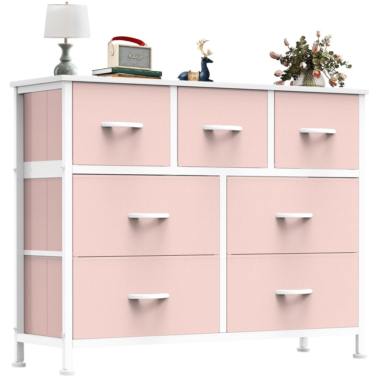 Dresser, Storage Organizer with 7 Drawers for Bedroom, Chest of Drawers with Fabric Bins, Sturdy Metal Frame, Wood Tabletop for Guest Room, Closet, Entryway, Nursery, Black
