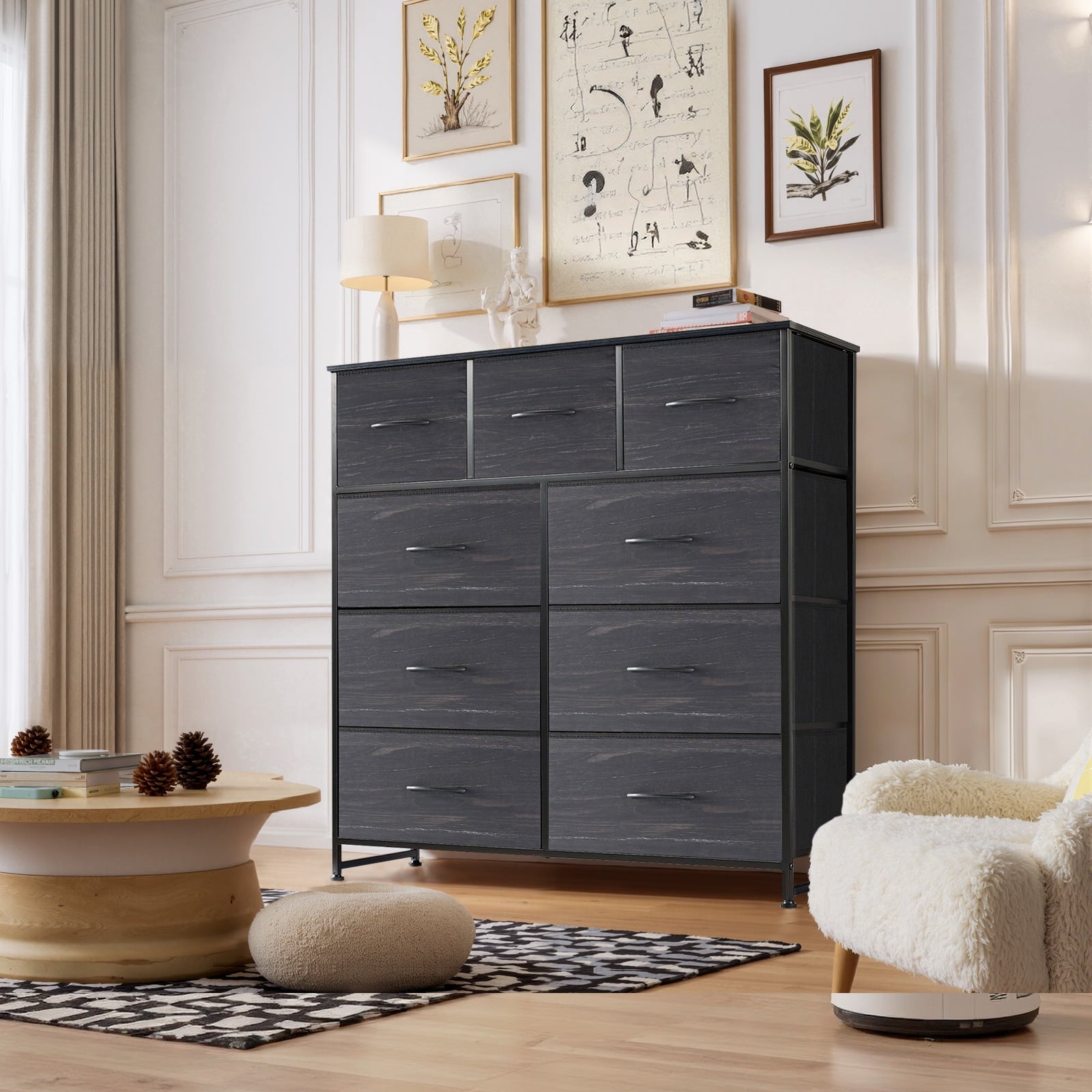 Dresser, Storage Organizer with 9 Drawers for Bedroom, Chest of Drawer with Fabric Bin, Sturdy Metal Frame, Wood Top for Closet, Nursery,Black