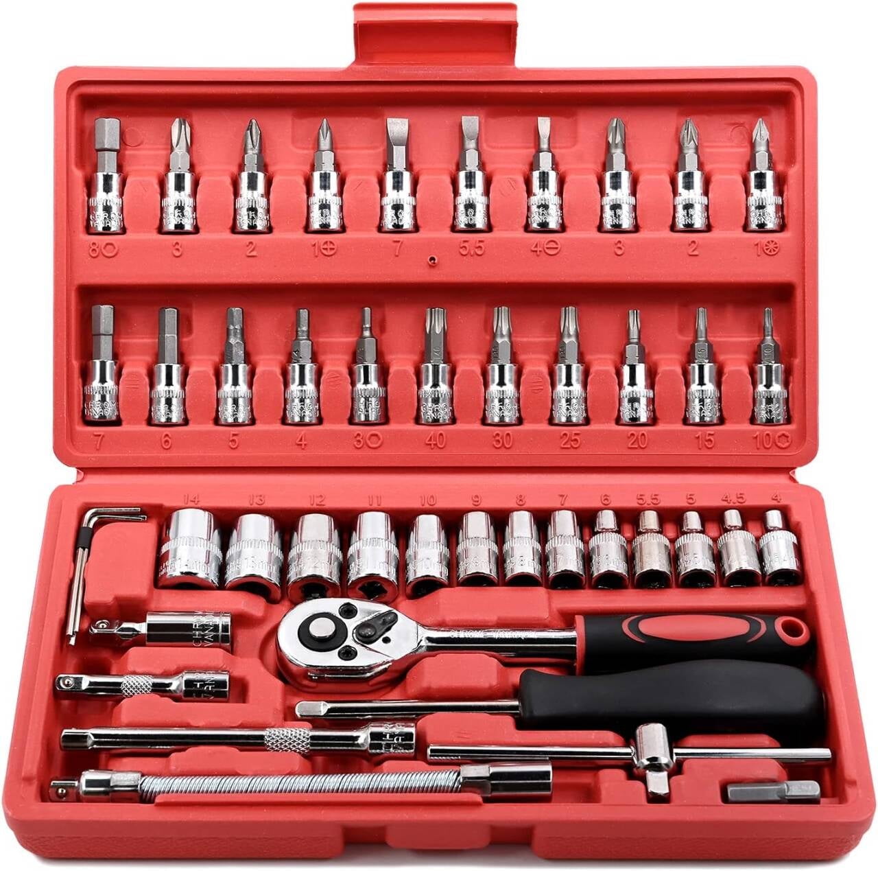 Socket Ratchet Wrench Set, 46 Pieces Screwdriver Kit with Metric Bit Sockets and Extension Bar, 1/4 inch Drive Socket...
