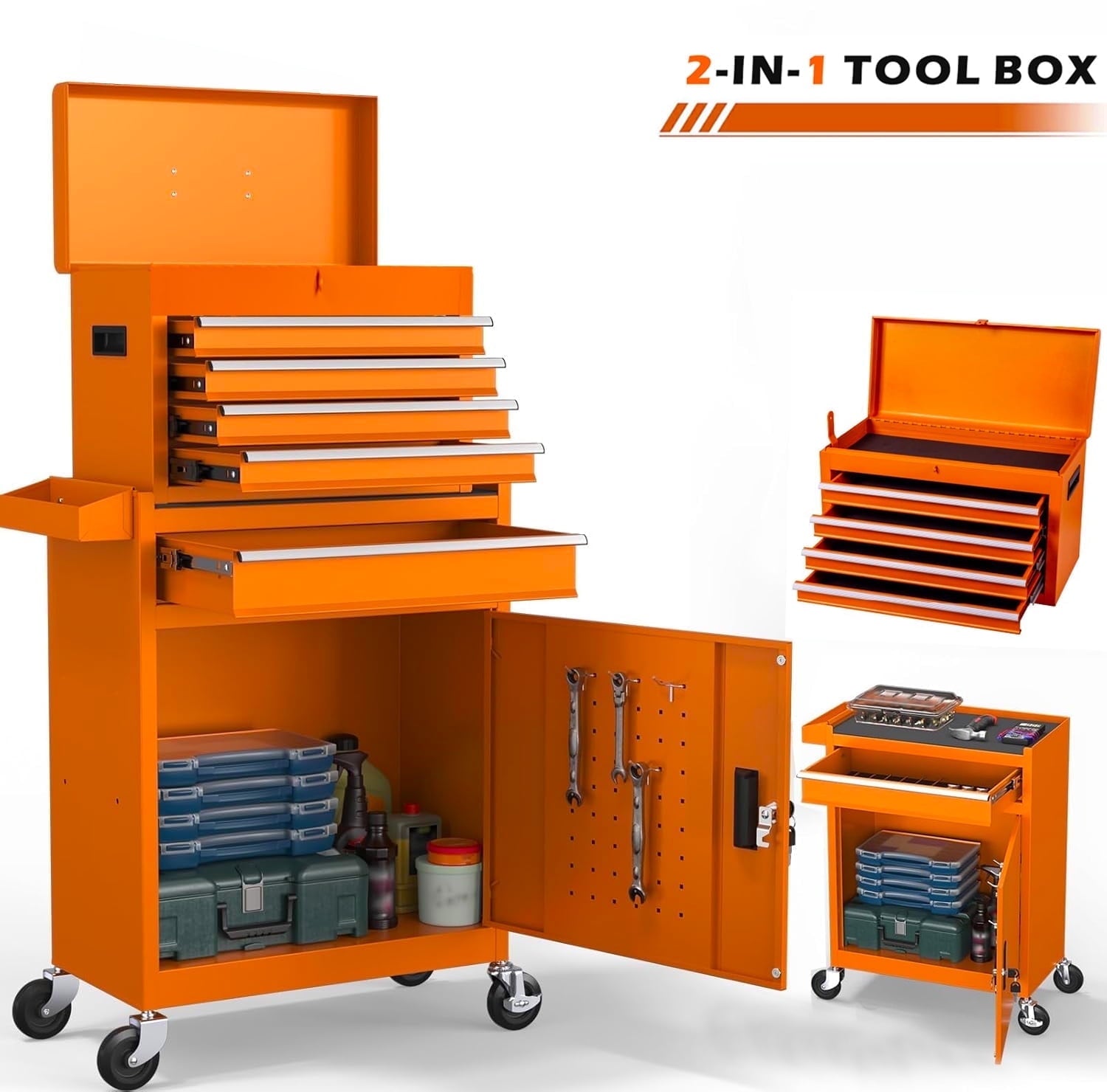 Tool Chest, 5-Drawer Rolling Tool Storage Cabinet with Detachable Top Tool Box, Liner, Universal Lockable Wheels, Adjustable Shelf, Locking