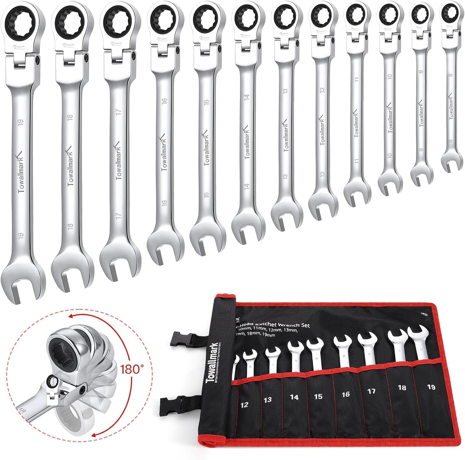 12-Piece Flex-Head Wrench Set, Ratcheting Combination Set, Metric 8-19mm, 72-Teeth,Cr-V Steel Ratchet Wrenches Set wi...