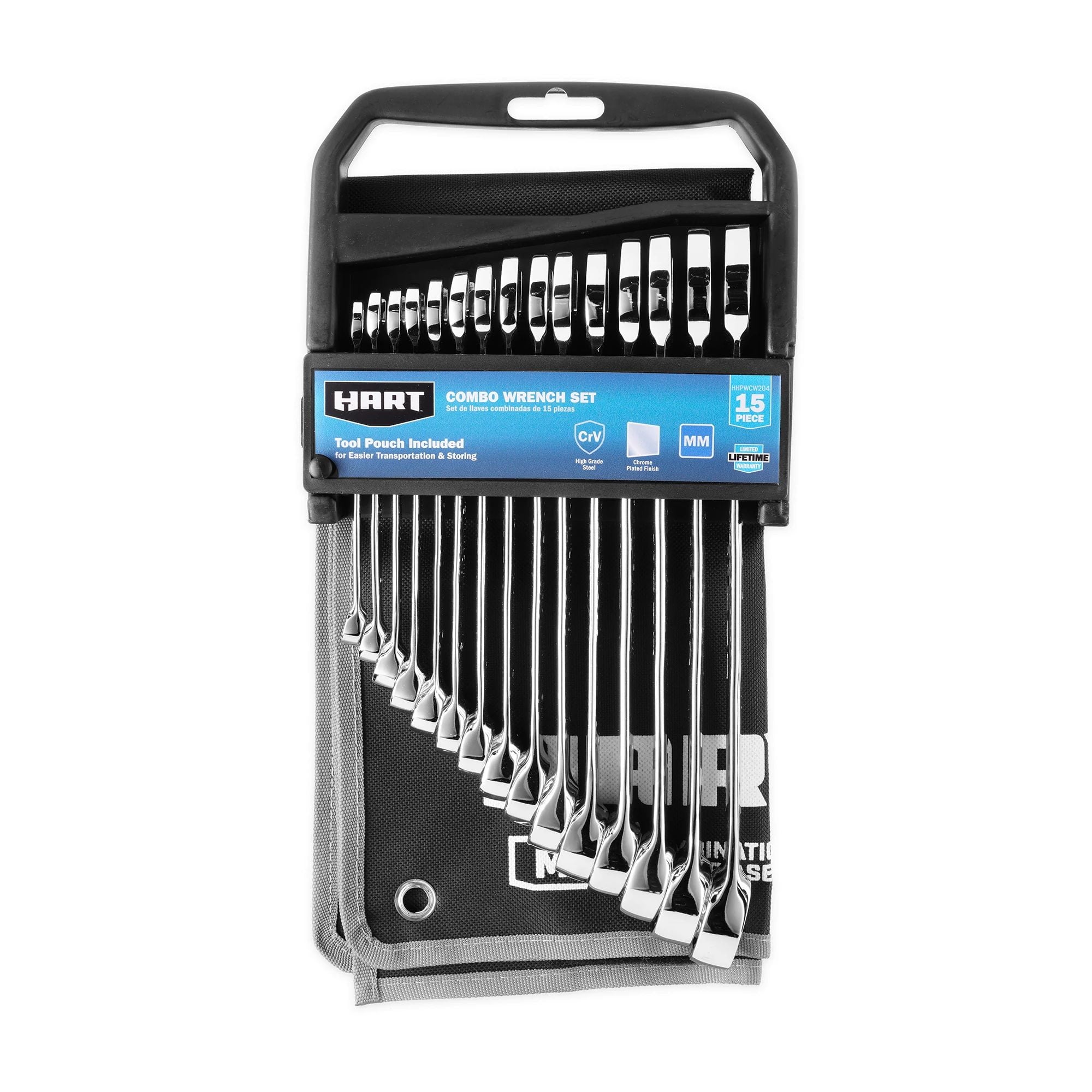 15-Piece Metric Combination Wrench Set with Tool Pouch, Chrome Finish, Sizes 8-22mm