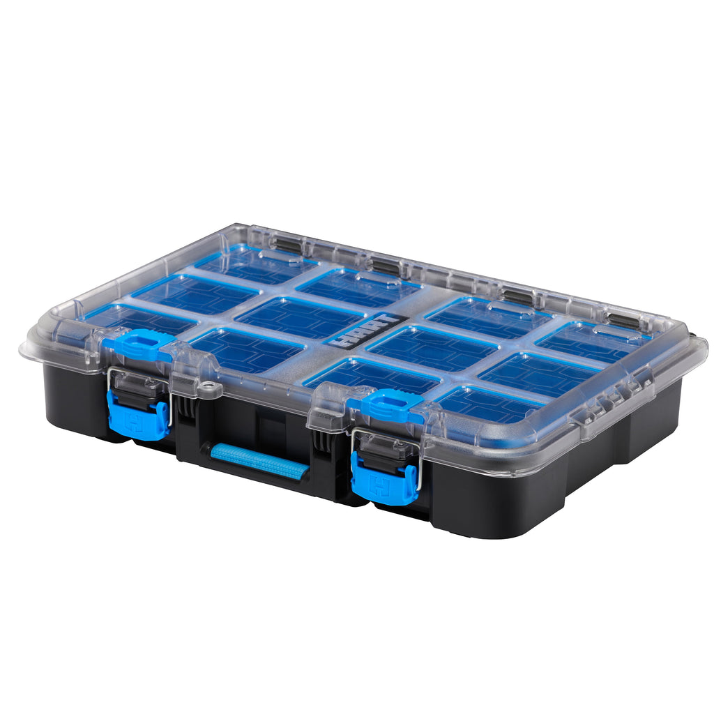 Small Parts Organizer with Removable Bins, Black with Blue Accents