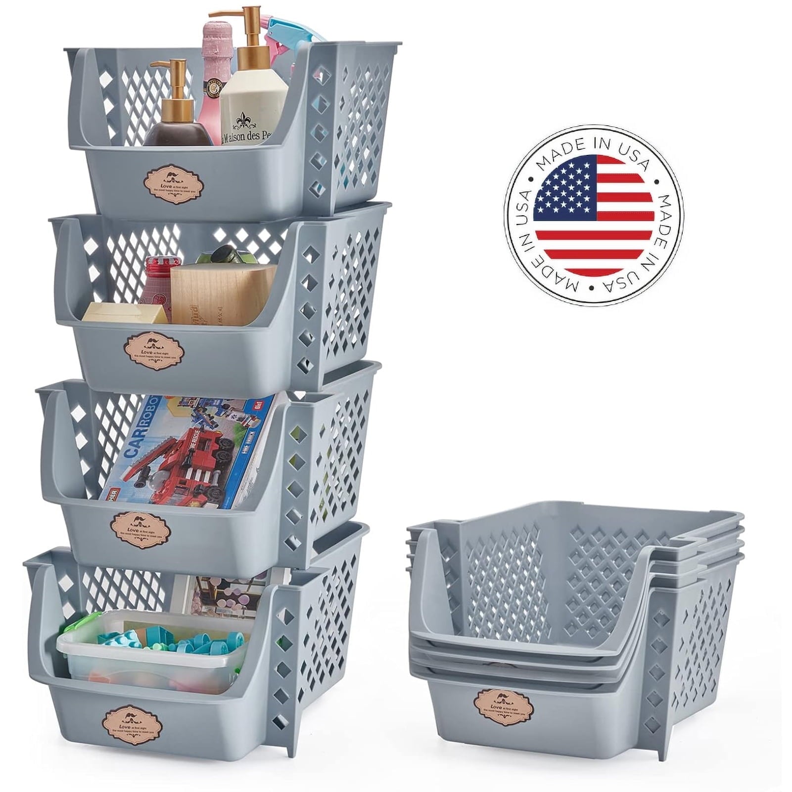 Storage Bins Set of 4, Plastic Storage Containers for Organization and Storage, Gray