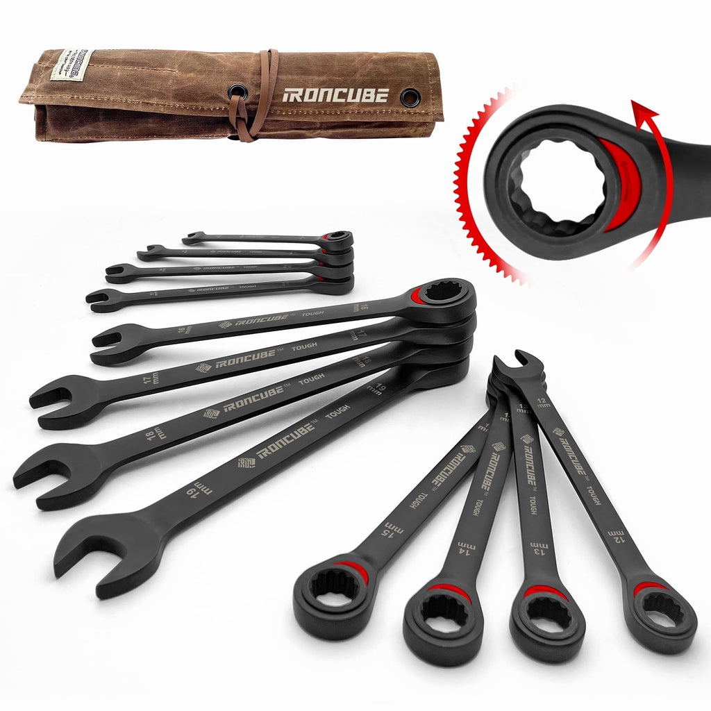 12-Piece Ratcheting Combination Wrench Set - Metric 8-19mm CR-V Steel Tough Black with Wax Canvas Storage Bag