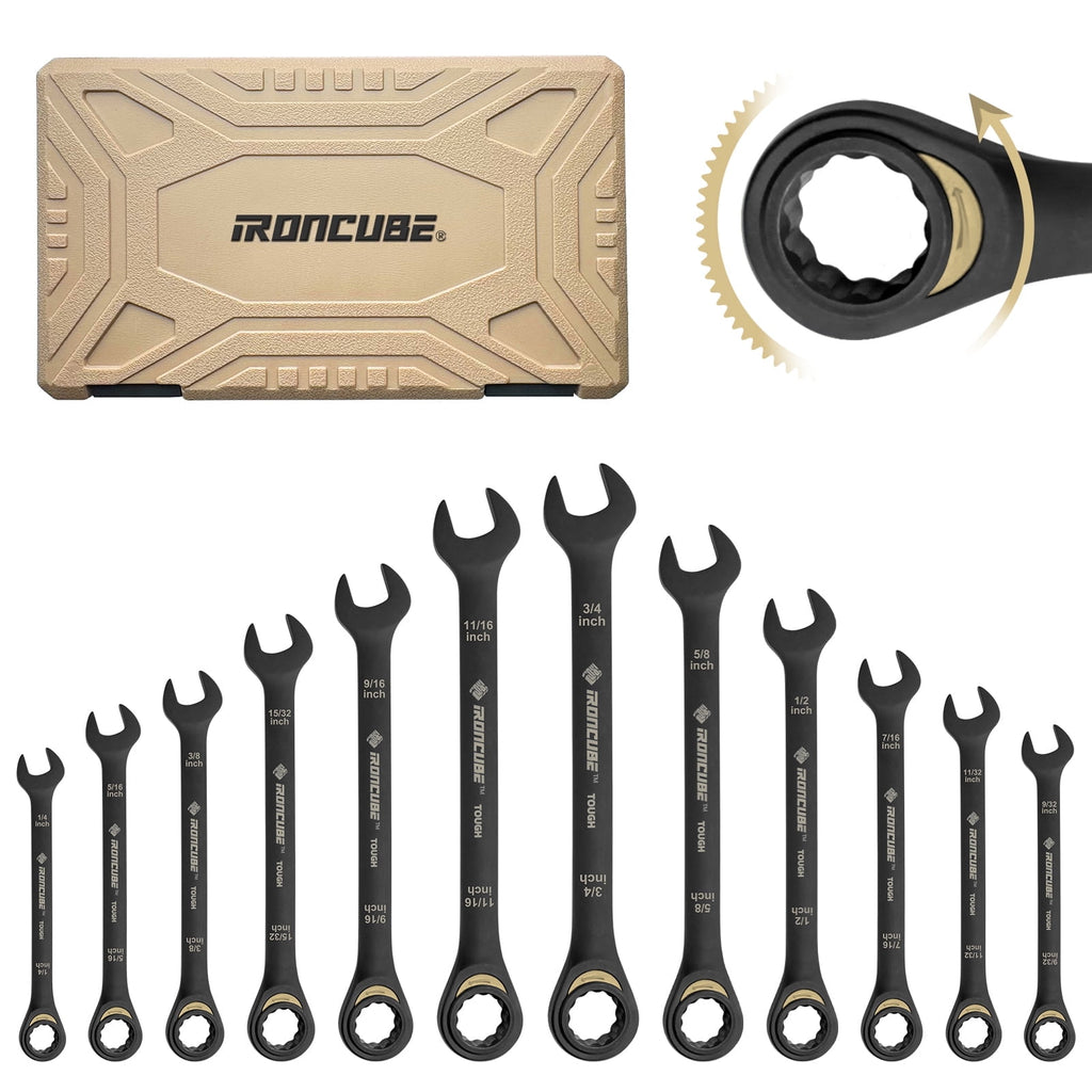 12-Piece Ratcheting Wrench Set: SAE 1/4" to 3/4" - 72-Tooth - Tough Black - Chrome Vanadium Steel - with Organizer