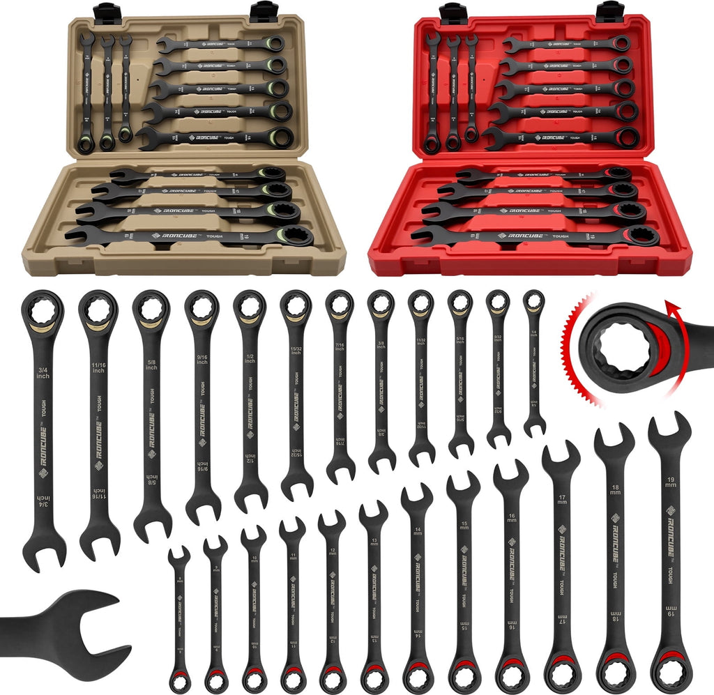 IRONCUBE 24-Piece Ratcheting Wrench Set: Metric & SAE - 8mm to 19mm & 1/4" to 3/4" - 72 tooth - Chrome Vanadium Steel - Tough Balck - with O