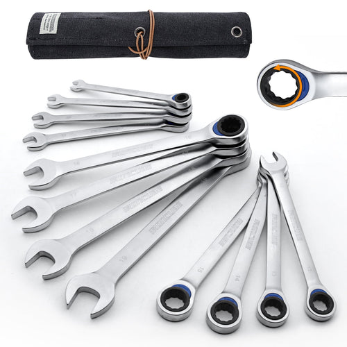 12-Piece Ratcheting Wrench Set, Metric 8-19mm, With Black Oxford Fabric Storage Bag for Motorcycle