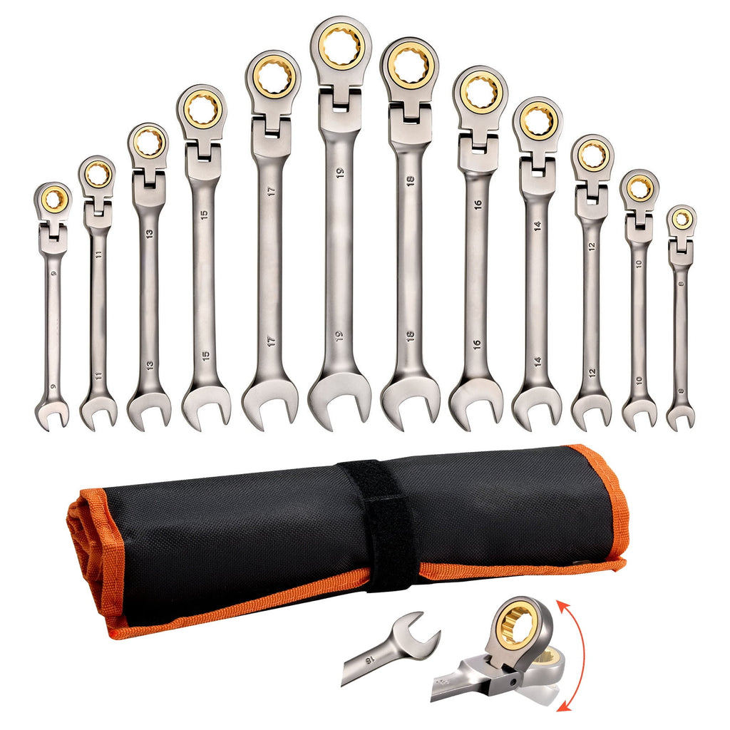 KFFKFF 12-Piece Metric Flex-Head Ratcheting Wrench Set, 8 mm to 19 mm, 72-Tooth Cr-V Steel Combination Wrenches with Roll-Up Pouch, Ideal fo