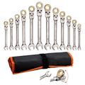 KFFKFF 12-Piece Metric Flex-Head Ratcheting Wrench Set, 8 mm to 19 mm, 72-Tooth Cr-V Steel Combination Wrenches with Roll-Up Pouch, Ideal fo