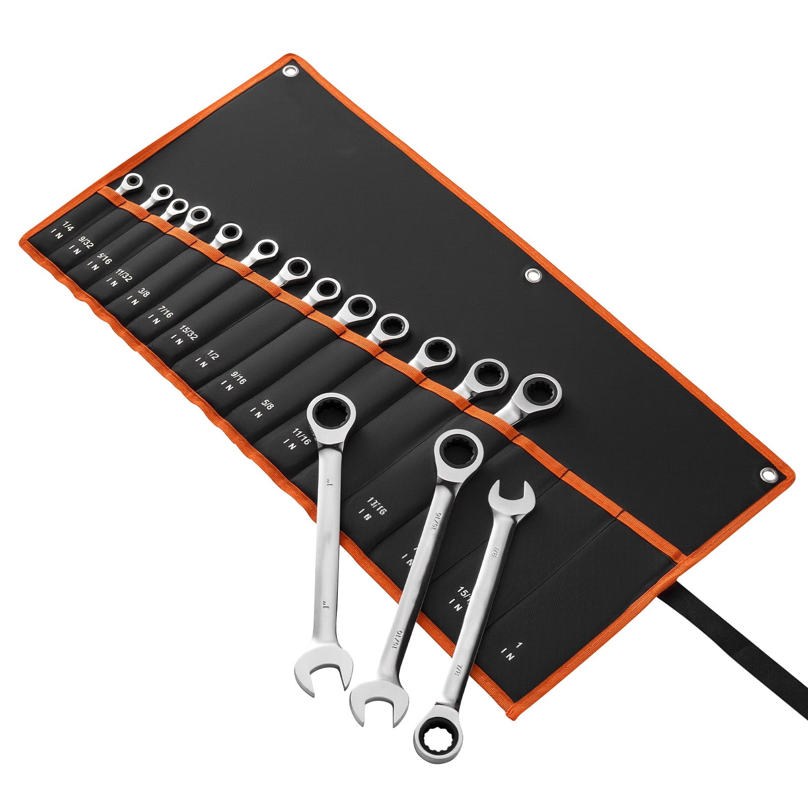 16-Piece SAE Ratcheting Wrench Set, Cr-V Steel Construction, 72-Tooth Design, Includes Roll-Up Pouch, Open-End Wrench...