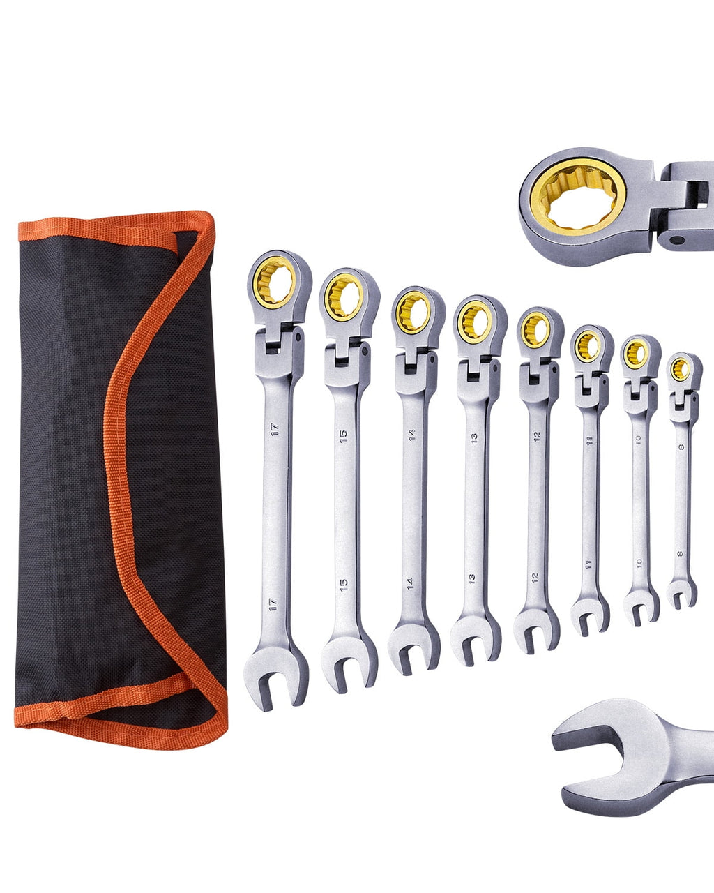 KFFKFF 8-Piece Flex-Head Ratcheting Wrench Set with Roll-Up Pouch, Cr-V Steel Combination Wrenches, Metric Sizes 8 mm to 17 mm, Suitable for