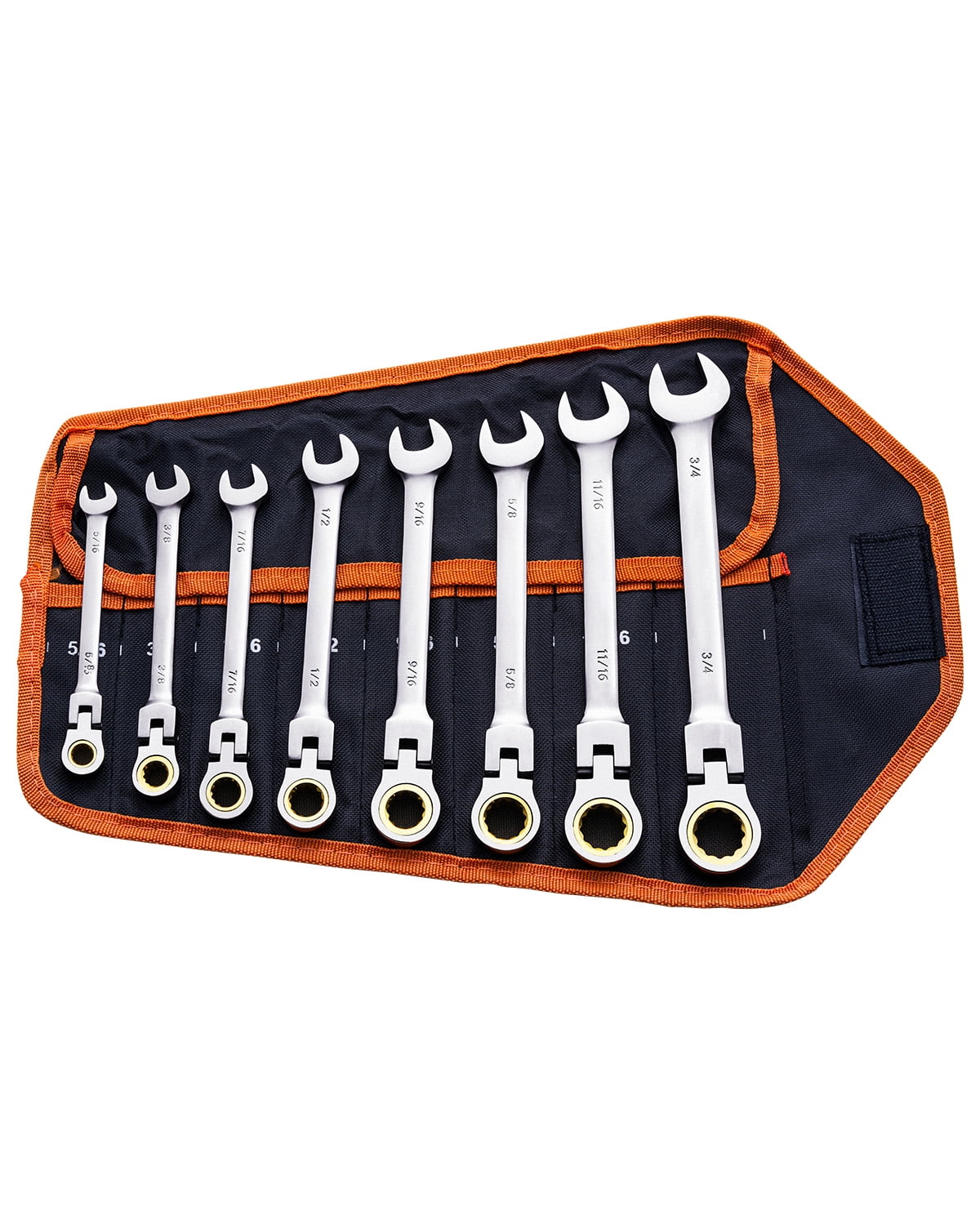 KFFKFF 8-Piece Flex-Head Ratcheting Wrench Set with Roll-Up Pouch, Cr-V Steel Combination Wrenches SAE 5/16" to 3/4", Suitable for Home, Wor