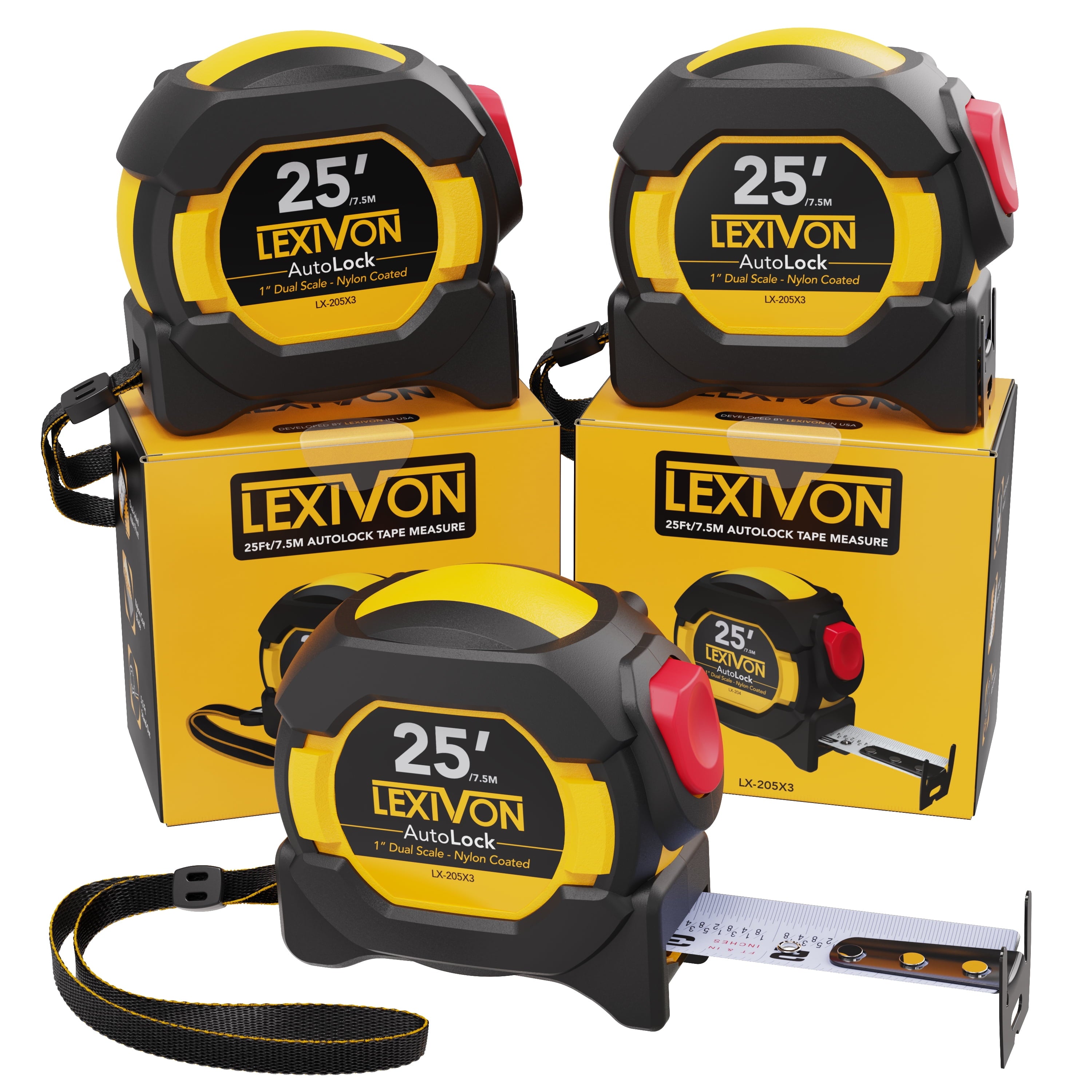 [3-Pack] 25Ft/7.5m AutoLock Tape Measure | 1-Inch Wide Blade with Nylon Coating, Matte Finish White & Yellow Dual Sid...