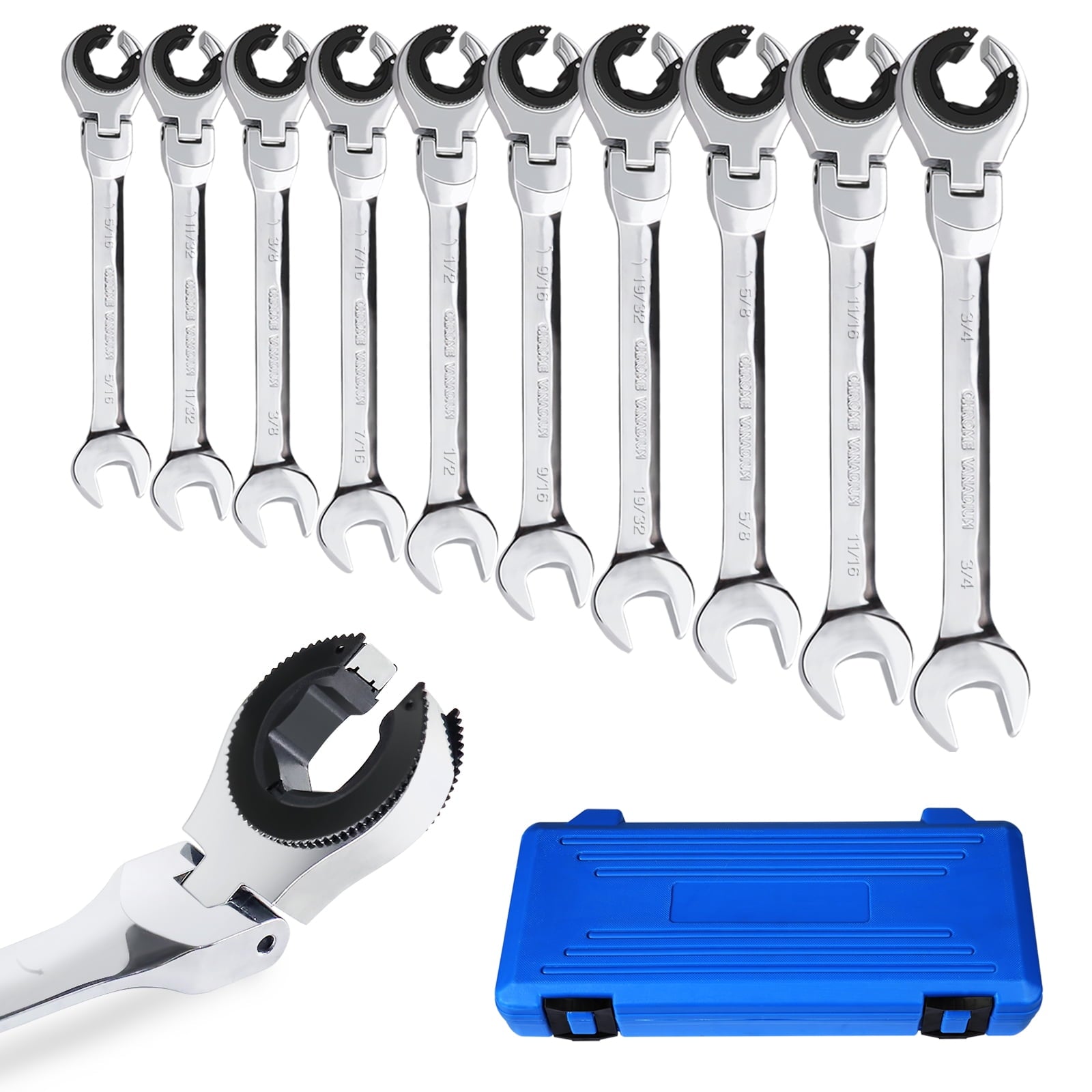 LOSCHEN SAE Flex-Head Ratcheting Wrench Combination Wrench Set 10 Pcs/Set with 72 Teeth, Chrome Vanadium Steel Tubing Ratchet SpannerUS and