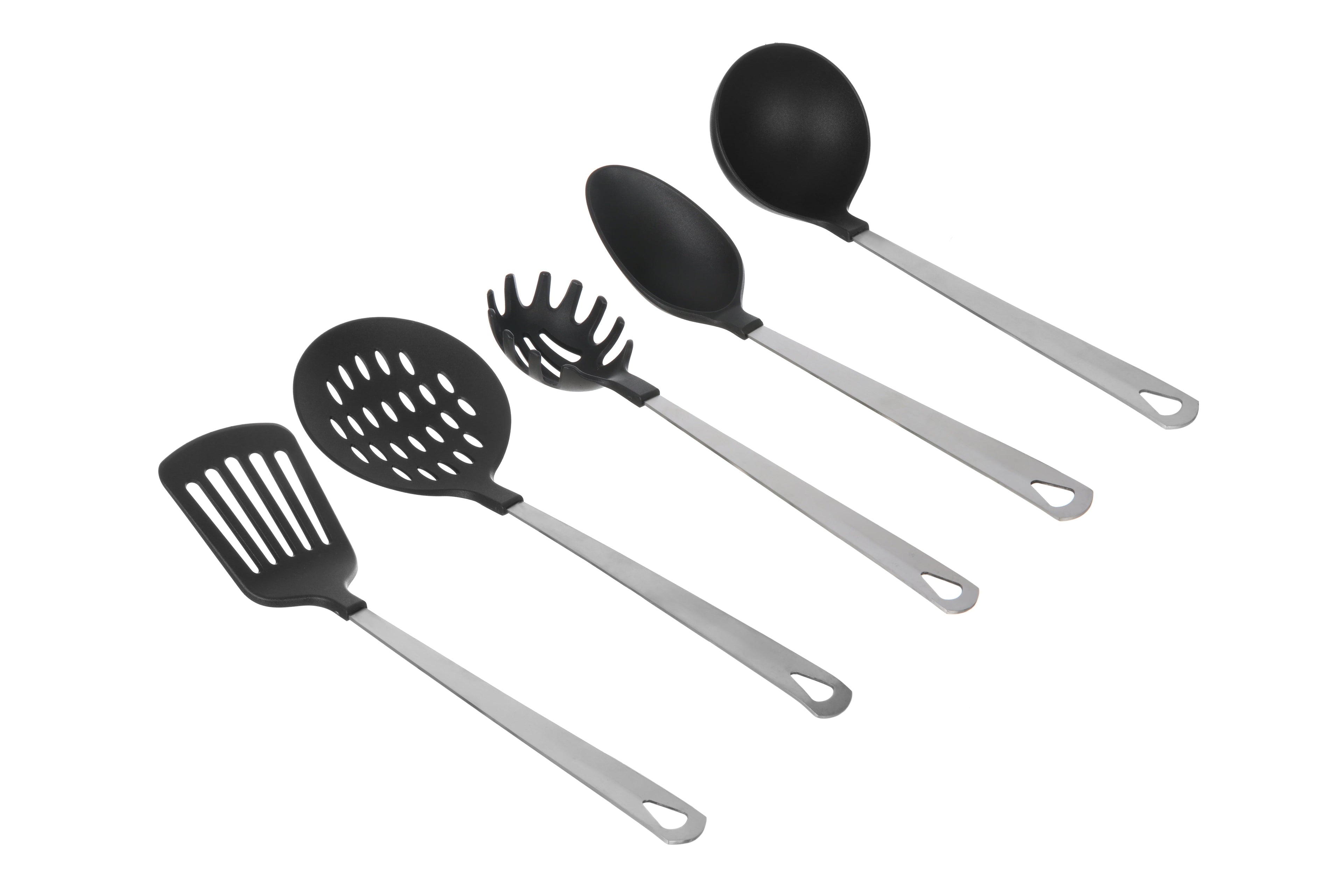 Stainless Steel and Nylon Kitchen and Cooking Utensil Set, Spoon, Spatula, Ladle, Pasta Spoon and Skimmer Assorted Colors