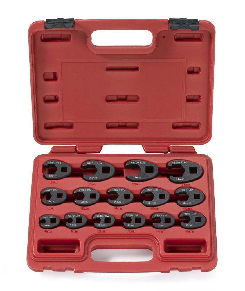 Neiko 03324A Crowfoot Wrench Set 1/2" and 3/8 Drive, 15 Piece, Metric Crows Foot Wrench Sizes 8mm-24mm, Chrome-Moly Flare Nut Wrench Set