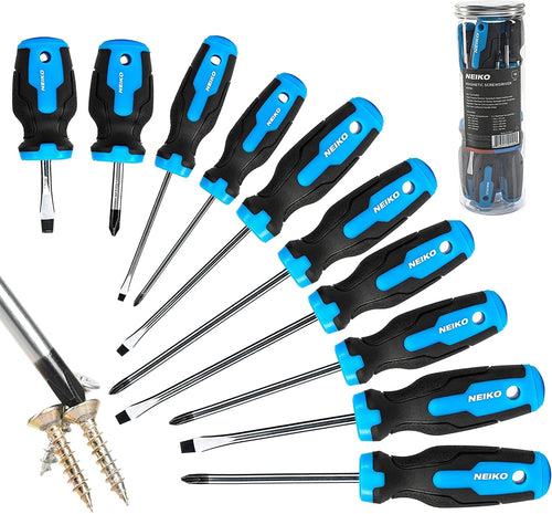 01378A Magnetic Screwdriver Set, 10 Piece, Phillips & Flathead, Heat Treated Chrome Vanadium Steel, Slotted Head Tip ...