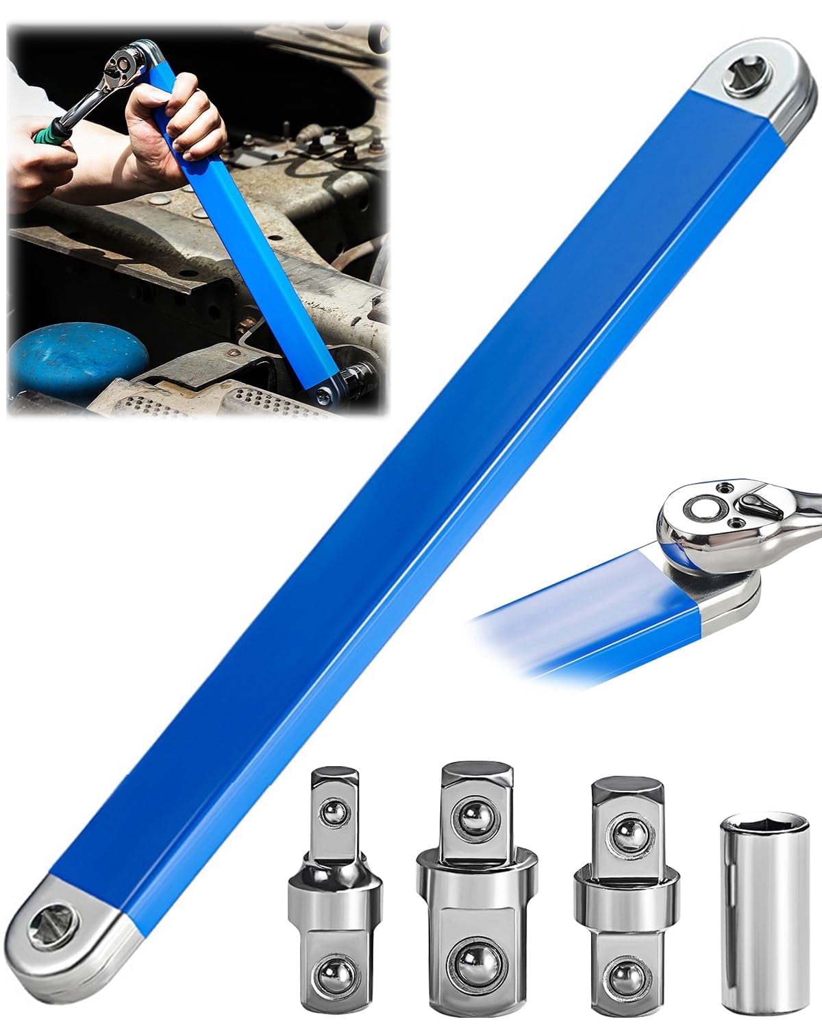 15 Inch Impact Ready Extender Set with 1/2", 1/4" and 3/8" Square Drive Adapters, Zero Degree Ratchet Tool for Tight ...