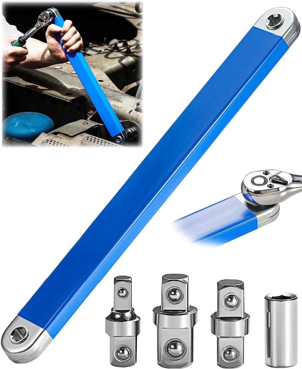 Tool Set, 15.4 Inch with 1/4, 3/8 and 1/2 Inch Square Drive Adapters, Off Set Compatible with Impact (Blue)