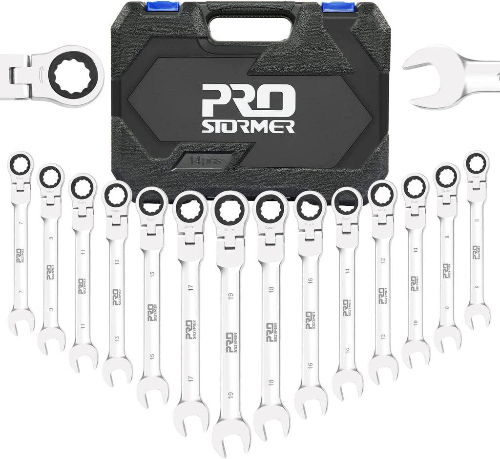14-Piece Flex-Head Ratcheting Wrench Set, 6-19cm Metric Chrome Vanadium Steel Ratchet Wrenches, Combination Ended Spa...